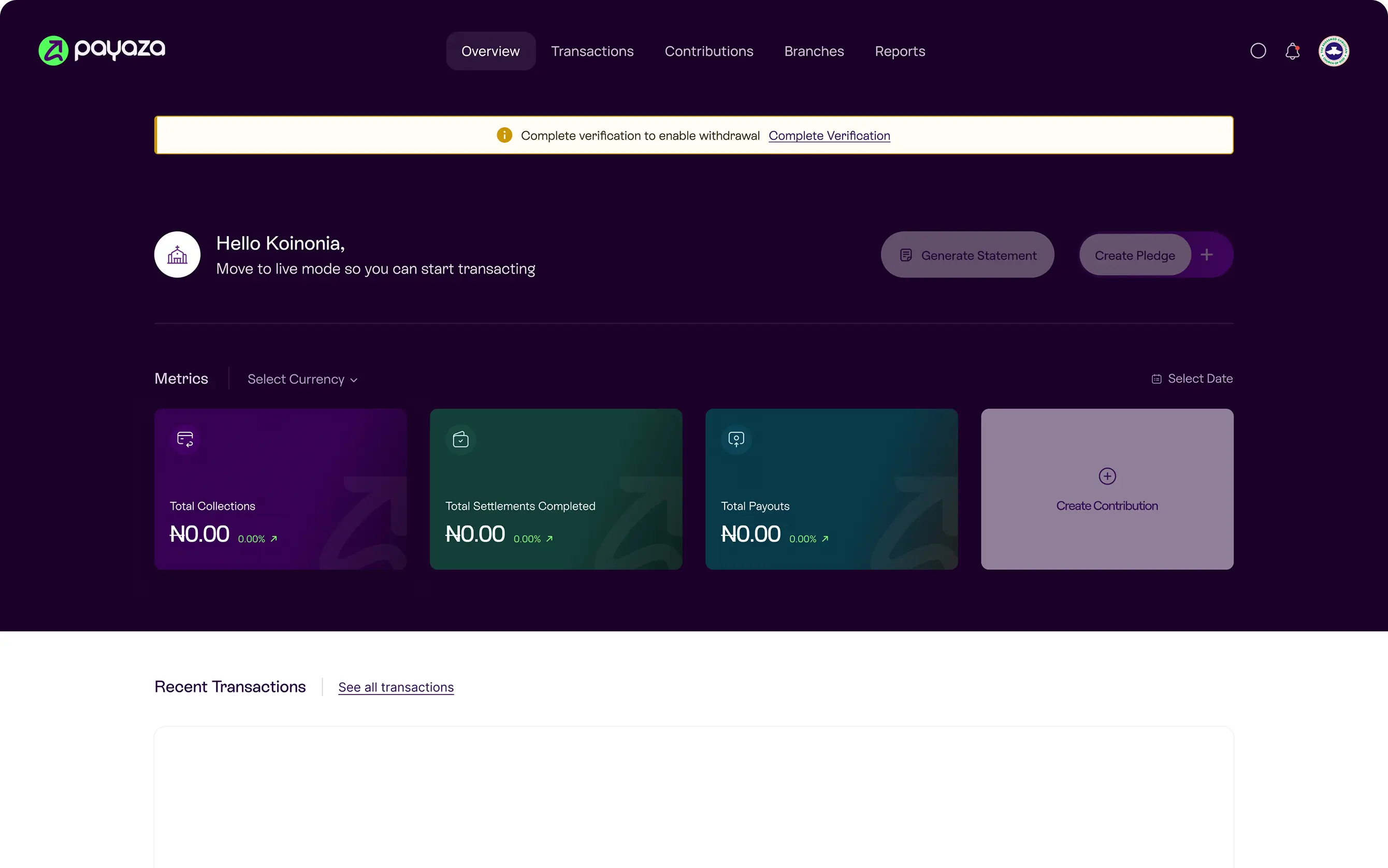 Dashboard with held-funds setup card