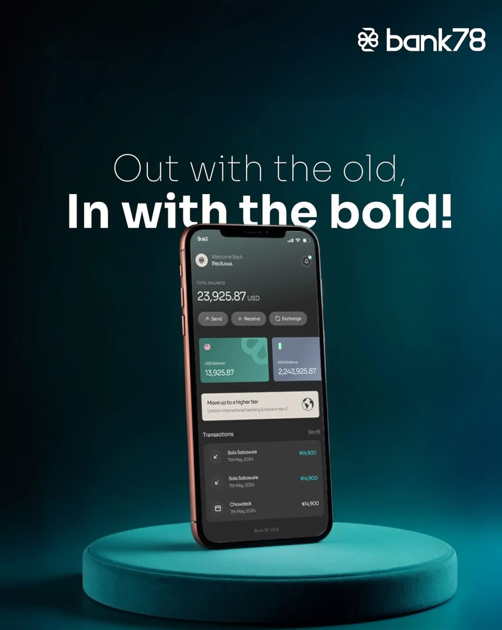 Out with the old, in with the bold — Bank78 app on a phone