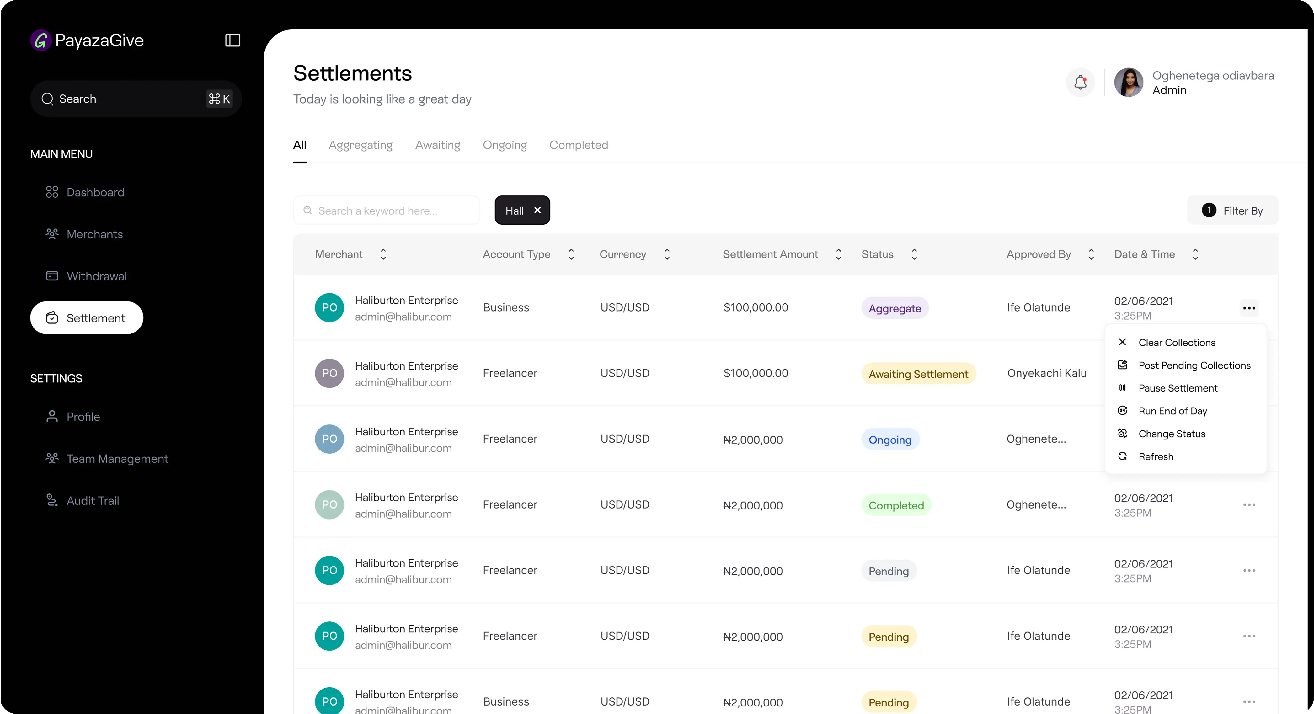 Payaza Give Back-office settlement lifecycle view