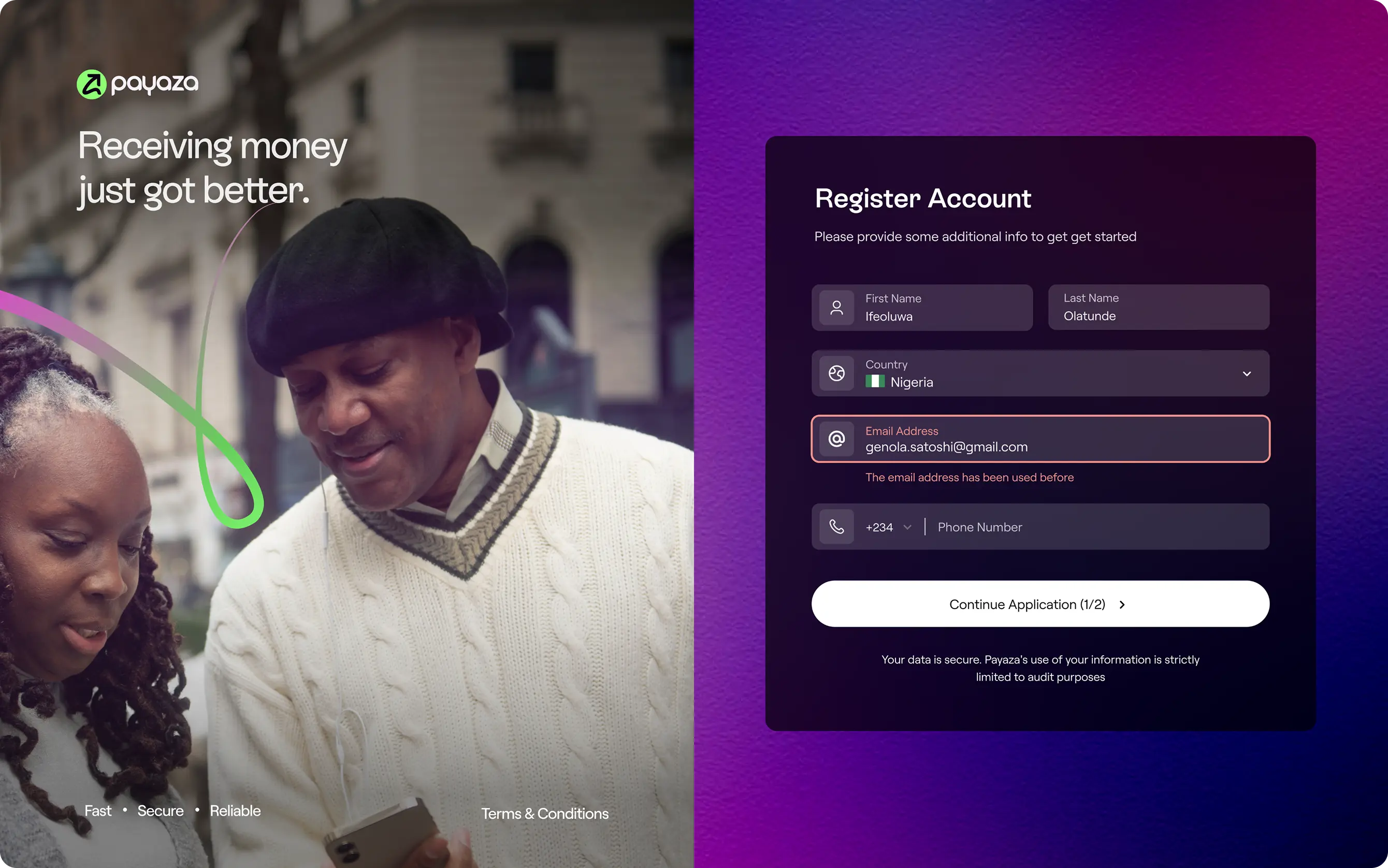 Payaza Give Sign-up screen
