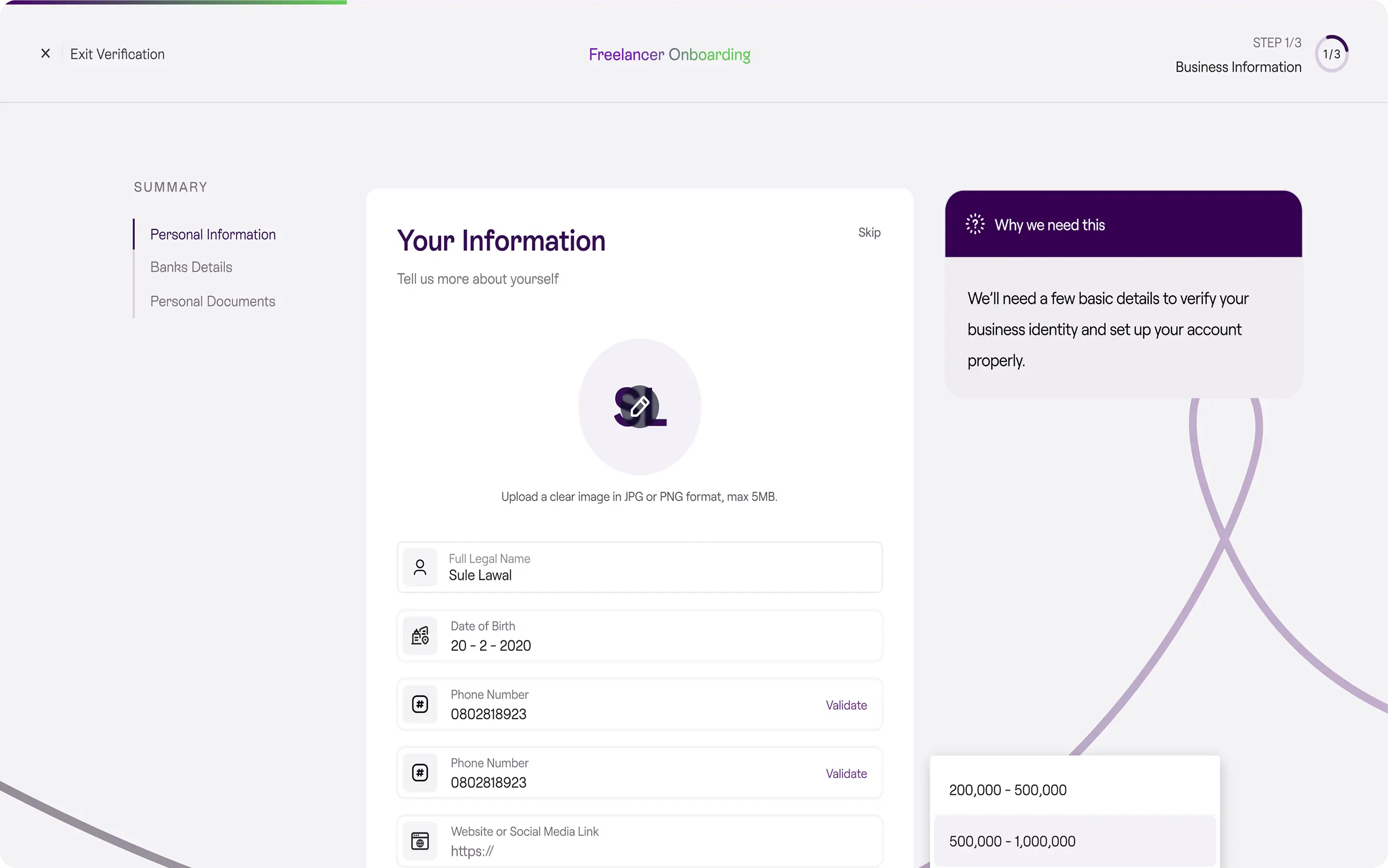 Freelancer onboarding