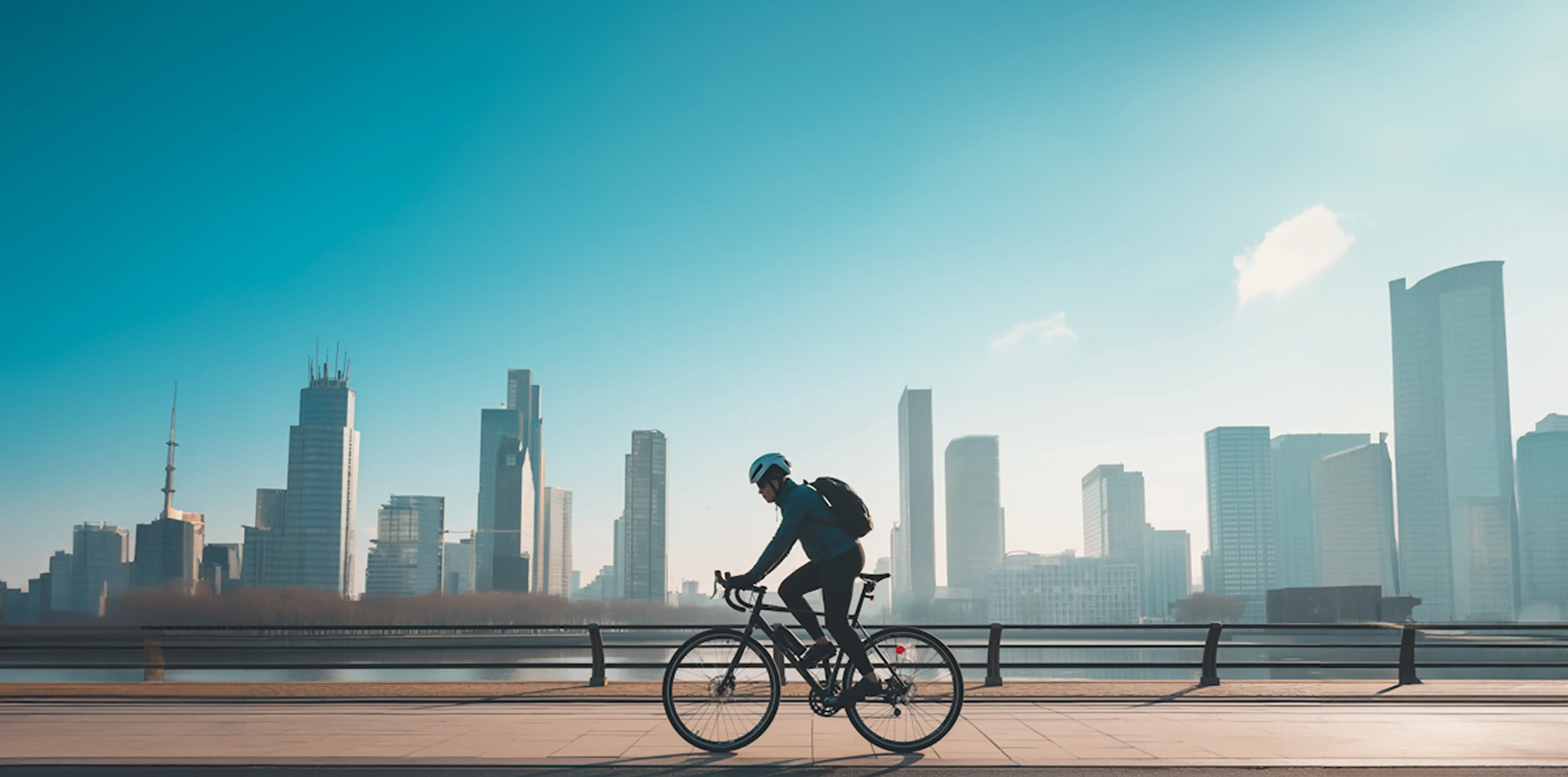 A cyclist riding along a waterfront promenade against a city skyline