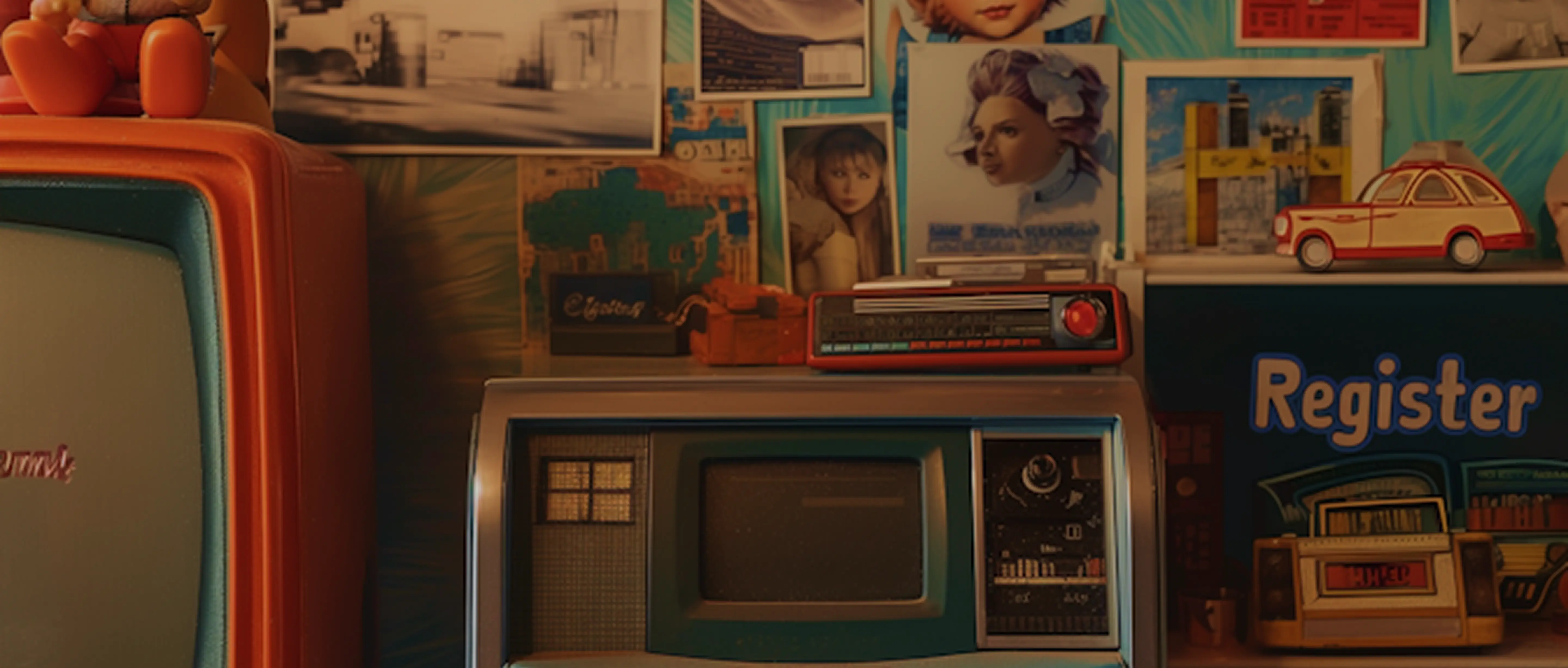A retro shop counter with a vintage register
